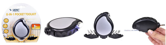 VIBE E-ssential 8-In-1 Pocket Tool Kit w/LED Flashlight, Measuring Tape & 6 Screwdriver Heads  VE393
