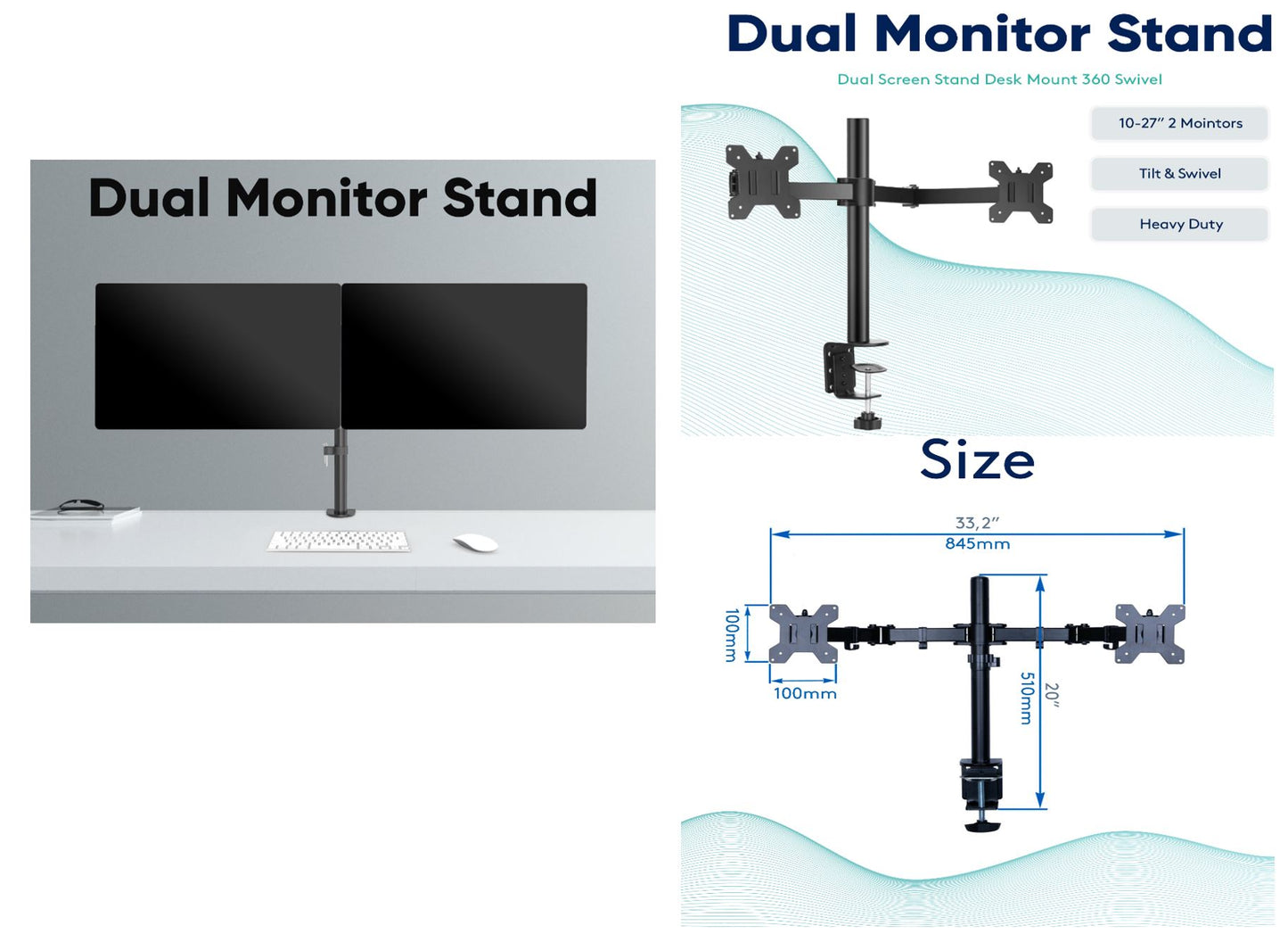 Desk Mount Dual Monitor Screen Stand Bracket Adjustable Tilt Swivel 17 21 24 27